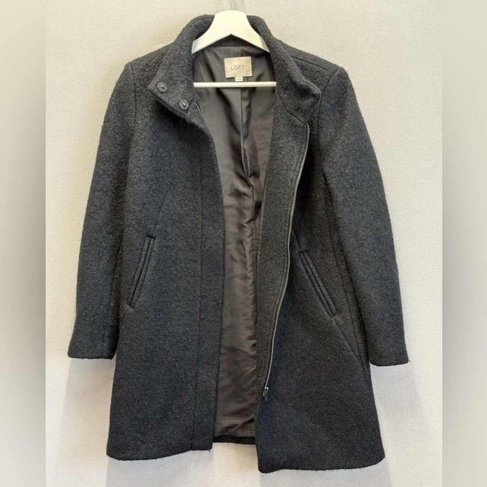 SALE Black Ann Taylor LOFT Women's Petite M Wool Blend Mock Neck Long Coat